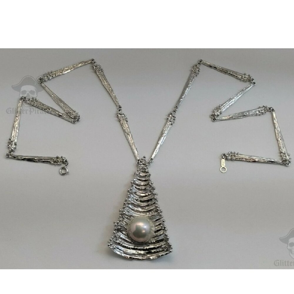 TASAKI Japan Solid Sterling Silver 17mm Gray Mabe Pearl Brutalist Runway Necklac